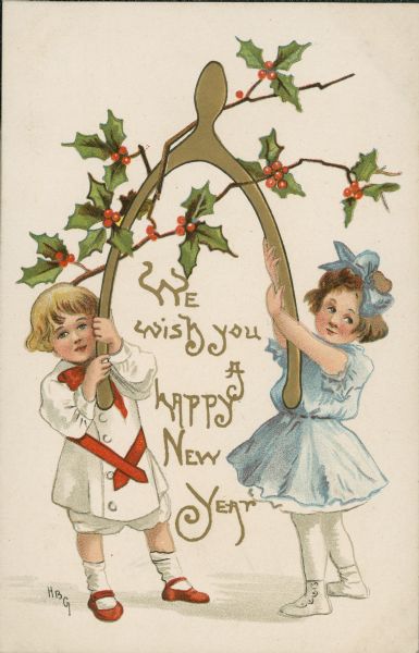 Holiday greeting postcard with an illustration of a boy and a girl holding a large wishbone decorated with holly and berries. Chromolithograph and embossed.