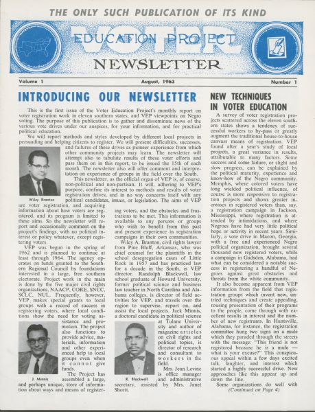 The front page of the first issue of the Voter Education Project newsletter which includes portraits of Wiley Branton, J. Minnis, and R. Blackwell.