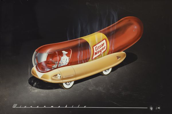Airbrush rendering of Brooks Stevens' vision for a redesign of the Oscar Mayer promotional wiener vehicle. The view is an elevated, three-quarter view from front left of a man wearing a white coat and a hat sitting in the driver's seat. The Oscar Mayer Company of Madison, Wisconsin created the Wiener Wagon in 1936 to promote their "Yellow Band German Wiener." In 1956, Brooks Stevens Associates, a Milwaukee based industrial design firm, proposed this redesign of the vehicle that Stevens himself claims to have named the "Wienermoble." This design featured molded fiberglass construction and placed the wiener shape onto a bun shaped base. The fiberglass body was to be mounted on a Willys Jeep chassis and drivetrain. Oscar Mayer awarded the project to Stevens in 1958 and a fleet of 6 vehicles were constructed.
