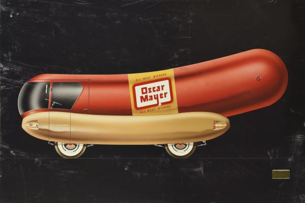 Airbrush rendering of Brooks Stevens' vision for a redesign of the Oscar Mayer promotional wiener vehicle. The view is of the left side, and the sign on the side reads: "All Meat Wieners, Oscar Mayer." The Oscar Mayer Company of Madison, Wisconsin created the Wiener Wagon in 1936 to promote their "Yellow Band German Wiener." In 1956, Brooks Stevens Associates, a Milwaukee based industrial design firm, proposed this redesign of the vehicle that Stevens himself claims to have named the "Wienermoble." This design featured molded fiberglass construction and placed the wiener shape onto a bun shaped base. The fiberglass body was to be mounted on a Willys Jeep chassis and drivetrain. Oscar Mayer awarded the project to Stevens in 1958 and a fleet of 6 vehicles were constructed.