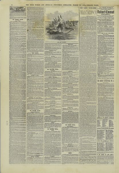 Page 8 of the <i>Irish World and American Industrial Liberator</i> newspaper, which includes a political cartoon titled "The New Invasion."