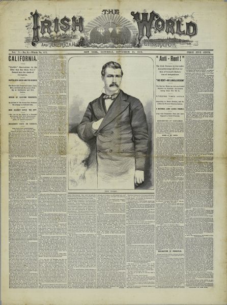 Page 1 of the <i>Irish World and American Industrial Liberator</i> newspaper featuring a portrait of Denis Kearney.