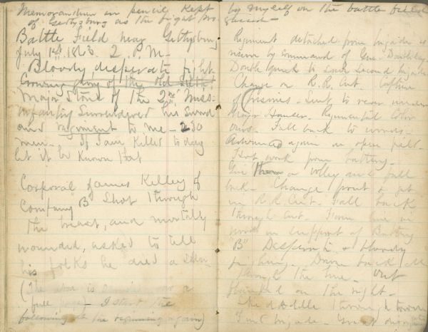 A two page diary entry written at the Gettysburg battlefield by Rufus R. Dawes.