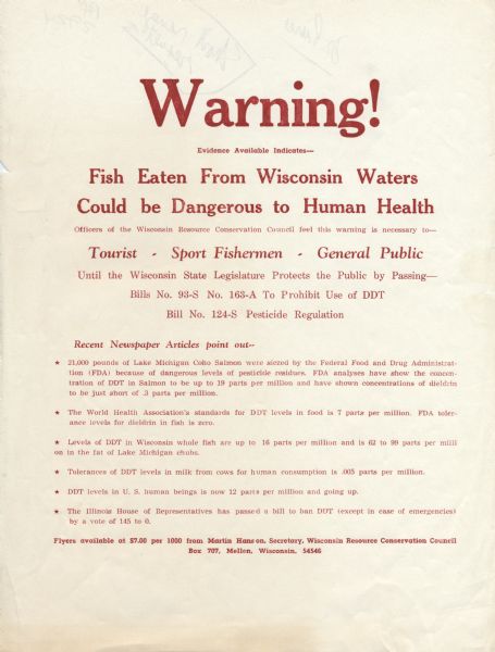 Informational sheet warning of the dangers of consuming fish contaminated with DDT.