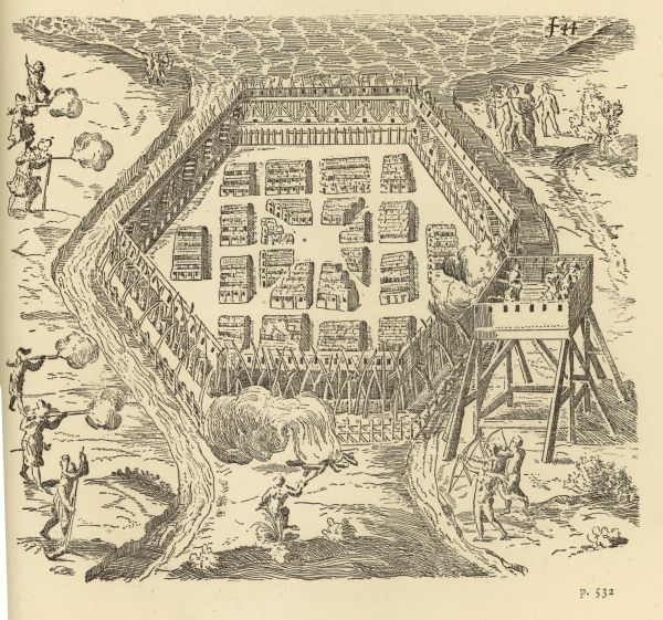 Illustration of the Huron Indians and French explorers attacking an Iroquois fort near present day Fenner, New York. A wooden platform was constructed to facilitate shooting over the fort wall. A Huron fighter is setting fire to the fortress wall in the foreground.