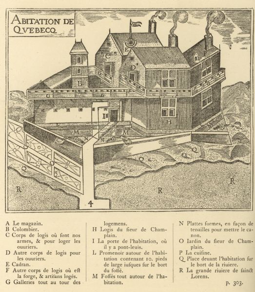 Illustraiton, with alphabetical key in French, of the Habitation of Quebec, a conglomeration of connected buildings on the banks of the St. Lawrence River that served as the basis for the city of Quebec. Champlain's formal flower garden is on the left.