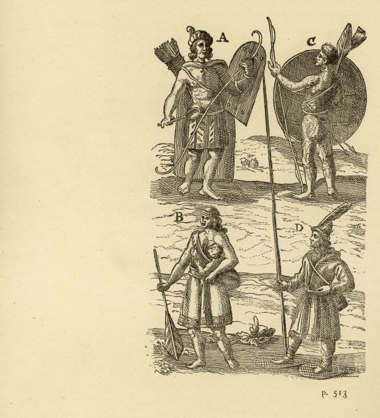 Drawings of four Native Americans. A and C are dressed for combat. B appears to be a woman carrying and nursing an infant, and D is wearing winter garb, including snow shoes, and is carrying a long staff.