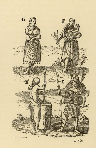 Illustration of four Algonquian Indians. E depicts a man dressed for combat in wood armor. F shows a woman in her regular dress carrying a child and an ear of corn. G shows a woman dressed for a ceremony. H shows a woman pounding corn.