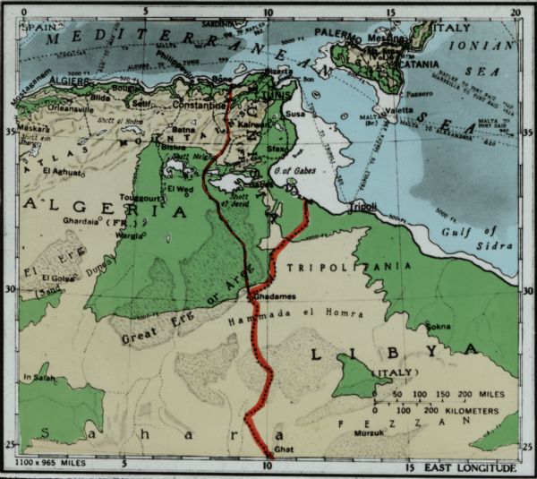 Map of northern Africa with the border between Algeria and Tunisia drawn in red. Caption reads: "199A — (L61208) Map Series 2 The Eastern Barbary States."