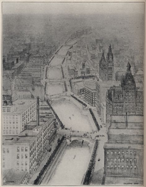 Alfred Clas design drawing of a scheme for the improvement of the Milwaukee River, with possibilities of narrowing the river and paralleling the banks with boulevards. The elevated view shows the river, several bridges and downtown buildings.