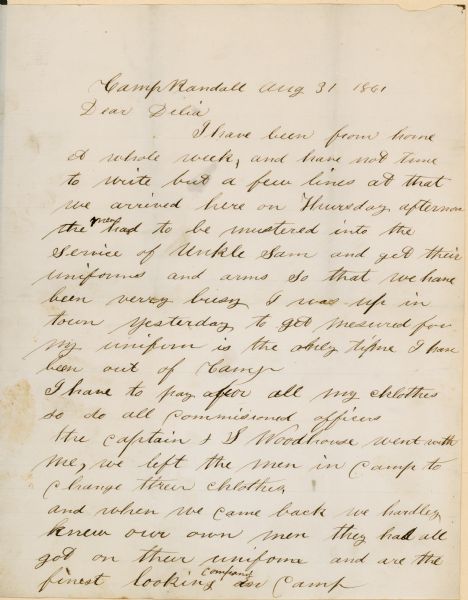The first page of a letter written by Captain Henry Young to his wife Delia while he was at Camp Randall.