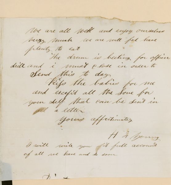 The second page of a letter written by Captain Henry F. Young to his wife Delia while he was at Camp Randall.