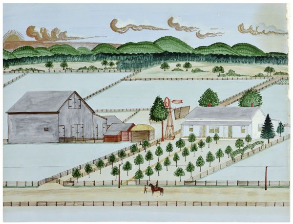 Painting of farm depicting farmhouse, barn, and windmill. 
Located east of Gotham on Old Lone Rock Road.