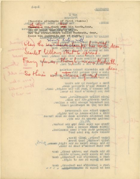 Reverse side of a script page for "The Threepenny Opera" with two possible alternate stanzas for the song Mack the Knife; one stanza is typewritten and the other is written in pen and pencil by Marc Blitzstein. 