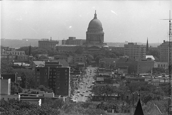 Looking up State Street towards the Wisconsin State Capitol from the top of Van Vleck Hall on the University of Wisconsin-Madison campus.