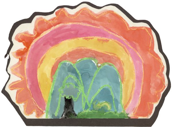Young student's crayon and watercolor art inspired by Earth Day, consisting of a large setting sun with mountains and trees in the foreground. 