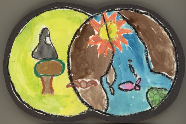 Young student's crayon and watercolor art inspired by Earth Day, consisting of Earth seen from space overlapping the Moon. A fish, a bird, and a sun decorate the Earth, while a lunar capsule and a tree are on the Moon.