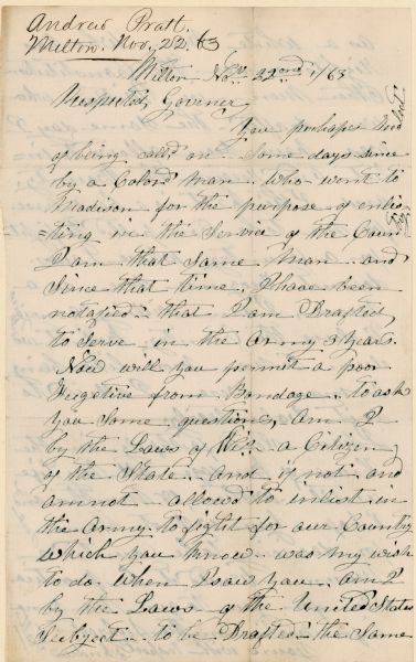 The first page of a letter written by Andrew Pratt, an African American man, to Governor Salomon.
