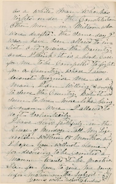 The second page of a letter written by Andrew Pratt, an African American man, to Governor Salomon.