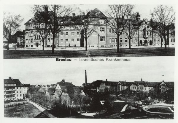 Two panoramic views, including caption, of a teaching hospital in Breslau (Wroc&#322;aw), Poland: one view is from across a street, and the other is an elevated view. The hospital's medical staff was Jewish, but the hospital served both Jewish and Gentile patients. It was destroyed in 1938. 