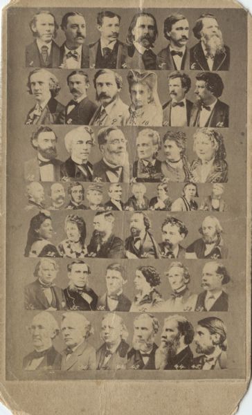 Collage of portraits for 45 different people. Caption on reverse lists the lecturers: 1. Rev. Talmage; 2. E. Yates; 3. "Eli Perkins"; 4. "Josh Billings"; 5. W. H. H. Murray; 6. J.T. Fields; 7. Theo. Tilton; 8. John Hay; 9. Bret Harte; 10. Scott Siddons; 11. "Mark Twain"; 12. "P.V. Nasby"; 13. Carl Schurz; 14. J.M. Bellew; 15. Rev. Chapin; 16. Miss Cushman; 17. Miss Edgarton; 18. H.B. Stowe; 19 J.G. Saxe; 20. De Cordova; 21. Geo. W. Curtis; 22. Gen. Kilpatrick; 23. Bishop Simpson; 24. E.C. Stanton; 25. S. B. Anthony; 26. E. Faithfull; 27. J.B. Gough; 28. Kate Field; 29. A. Livingston; 30. Wilkie Collins; 31. B. Taylor; 32. "Fat Contributor"; 33. E.E. Hale; 34. Chas. Sumner; 35. J.A. Froude; 36. R.W. Emerson; 37. A.E. Dickinson; 38. Elihu Burritt; 39. Sidney Woollett; 40. Wendell Phillips; 41. Robt. Collyer; 42. H.W. Beecher; 43. Prof. Tyndall; 44. MacDonald; 45. James Parton.