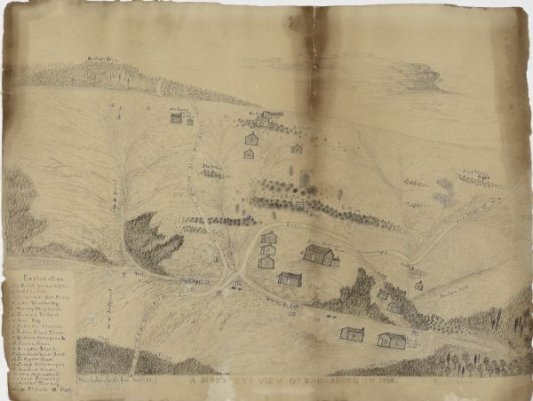 Drawing of Shullsburg. There is a numbered key on the left that reads, at top: "Explanation. Nos. Denote present Site." Streets are named on the map and marked with an arrow. A note at the bottom of the drawing on the left reads: "{View looking South from North Side.}"