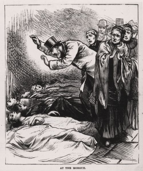 Engraving showing people attempting to locate loved ones among the bodies recovered from the Newhall House fire.
