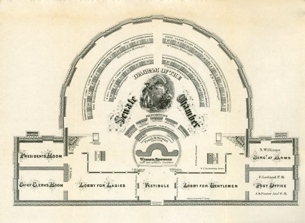 Diagram and seating chart for the Wisconsin State Senate in the second State Capitol Building which burned down in 1904.