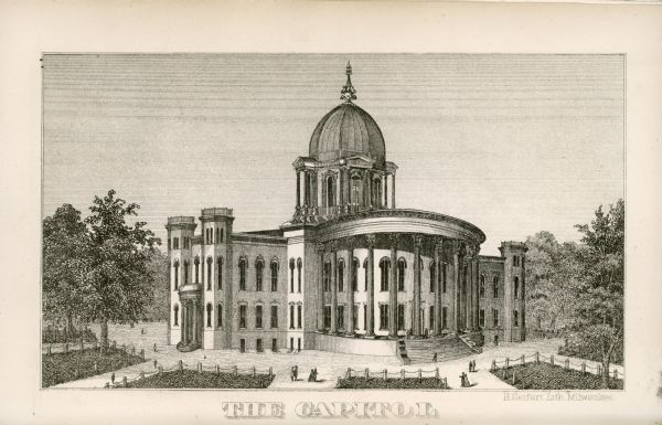 Engraving of the seconds Wisconsin State Capital building. This building burned down in 1904.