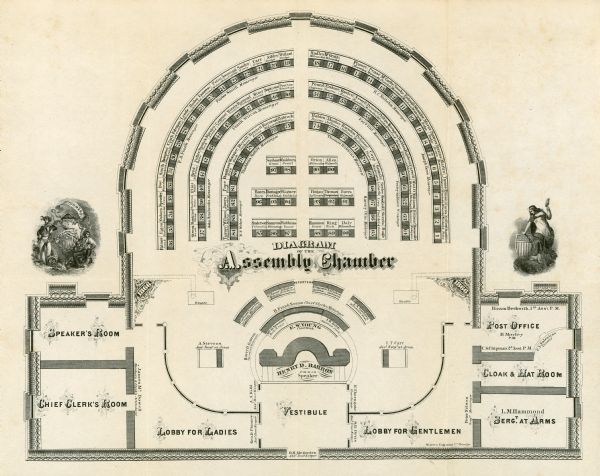 Diagram and seating chart for the Wisconsin State Assembly in the second State Capitol Building which burned down in 1904..