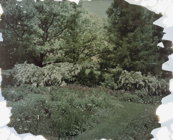 View of a garden, with trees, shrubs flowers. A large stone building is in the background behind the trees and shrubs.