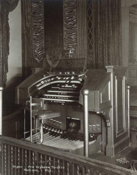 Kimball theater organ at Orpheum Theater, with "Organ — New Orpheum Theatre, Madison, Wis." written on the negative.