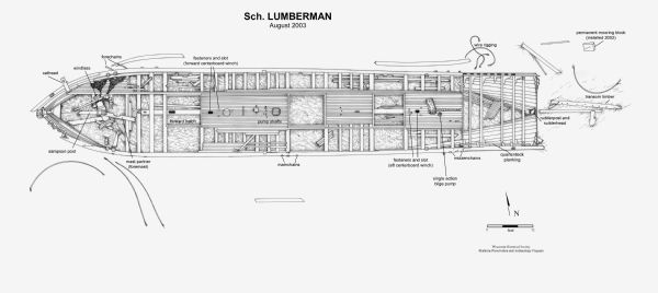 Site plan of the wreckage of the schooner <i>Lumberman</i> at the bottom of Lake Michigan.