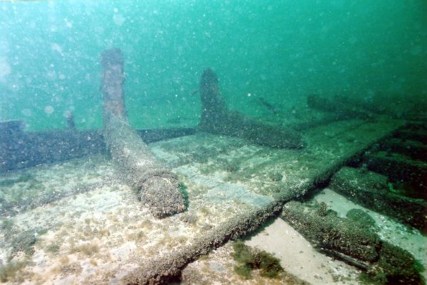 View of the remains of the hull of the <i>Kate Kelly</i> at the bottom of Lake Michigan.