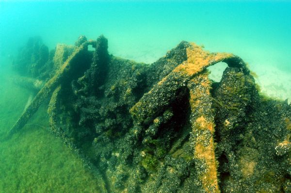 View of the steel cross-bracing of the wrecked <i>Australasia</i> at the bottom of Lake Michigan.