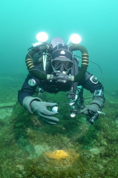 Diver holding an artifact found while documenting the wreck of the <i>Niagara</i>.