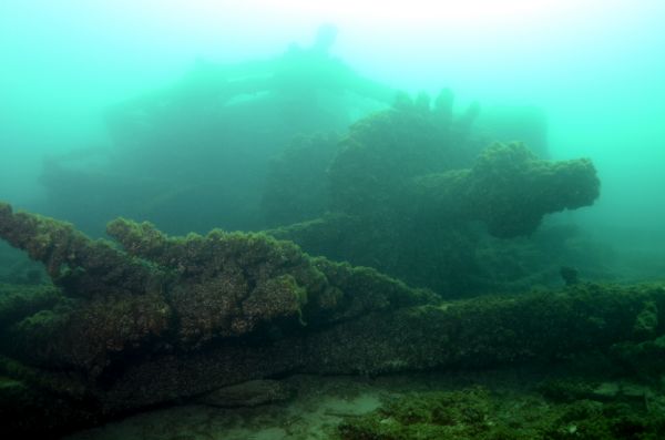 Part of the paddle wheel and drive shaft of the wrecked <i>Niagara</i> at the bottom of Lake Michigan.