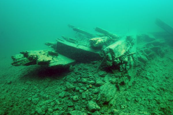View of fragments of the wrecked schooner-barge <i>Pretoria</i> at the bottom of Lake Superior.