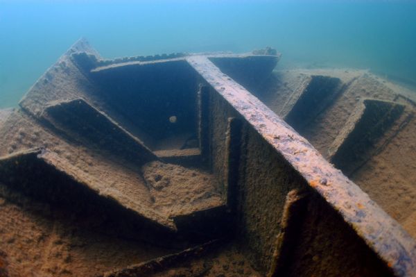 View of the bow and forward bulkhead of the wrecked steam screw <i>Sevona</i> at the bottom of Lake Superior.