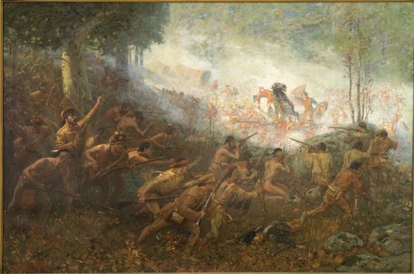 An important event of the French and Indian War (1754-1763) was commissioned in 1903 by Robert Laird McCormick, president of the State Historical Society of Wisconsin. Charles Langlade, the Green Bay fur trader is on the left directing the attack with Indians from Wisconsin and Michigan (Ottawa, Chippewa, Menominee, Winnebago, Pottawatomie, and Huron). The commander-in-chief of the British Army in America, General Edward Braddock, is just falling from his horse, and Major George Washington is catching its bridle.