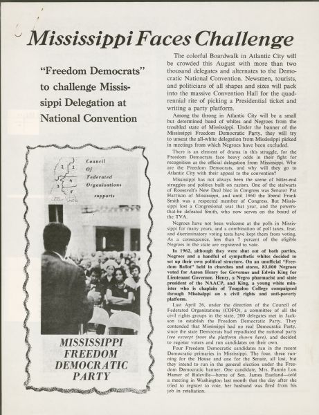 The front page of a pamphlet regarding the "Freedom Democrats" with the headline: "Mississippi Faces Challenge."
