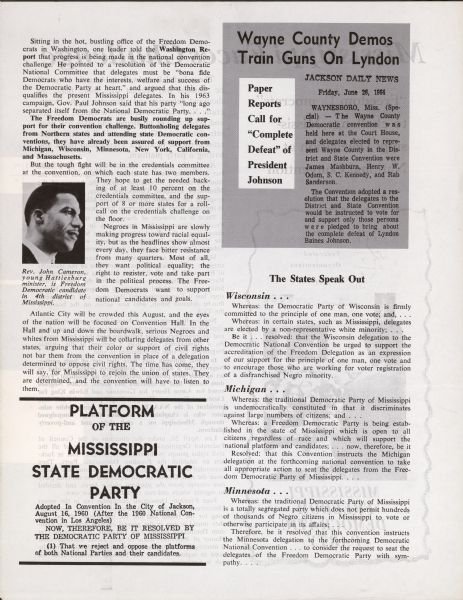 The back page of a pamphlet regarding the Freedom Democrats, including an article titled: "Wayne County Demos Train Guns On Lyndon."