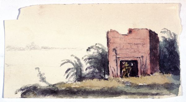 A watercolor painting of the powder magazine ruins at Jamestown.