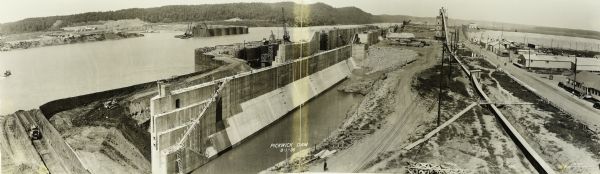 Elevated, panoramic view of the Pickwick Dam under construction.