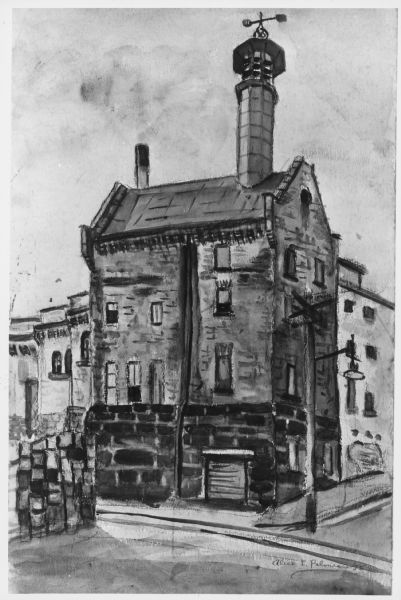 Photograph of a watercolor painting by Alice Palmer of an early view of the Fauerbach Brewing Company.
