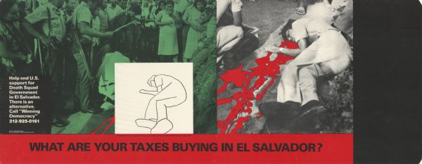 Poster advocating against United States governmental support for the Salvadoran military and government. The poster reproduces a photograph of people, including armed officers, standing around a corpse in the street. A caption identifies the dead person as "Jose Menjivar Flores, 35, Professor of Economics, University of El Salvador, killed by Death Squads, 14 August 1987." The poster also covers Flores' body with a white square that includes a chalk outline, and includes a separate close-up of his body with stylized drawn blood pouring from him. Text reads: "Help end U.S. support for the Death Squad Government in El Salvador. There is an alternative. Call 'Winning Democracy' 212-925-0161."