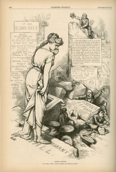 A cartoon of a woman representing excellence standing on the steps of Tammany Hall and holding her nose as she looks at the pitiful state of school reform. Caption at bottom: "Must I look for Reform and Reformers HERE?" 