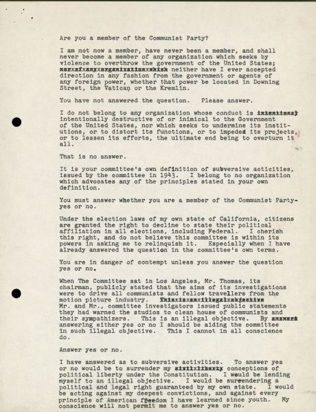One of the pages of notes Dalton Trumbo created in preparation for testifying before the House Un-American Activities Committee (HUAC) in October 1947.  