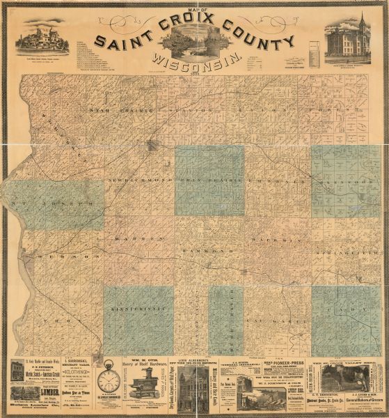 This 1886 map of Saint Croix County, Wisconsin, shows the township and range grid, sections, towns, cities and villages, land ownership and acreages, wagon roads, railroads, cemeteries, schools, churches, and mills. Includes illustrations, tables of distances and population, and advertisements.
