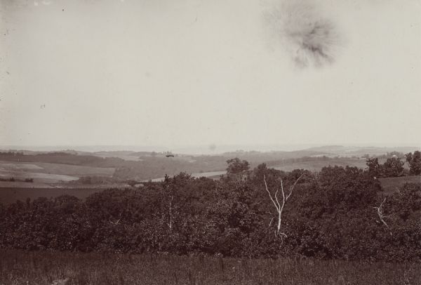 Caption reads: "View from N.E. 1/4 of S.E. 1/4 Sec. 36 L. 12 R 7 W. looking toward Victory, Vernon Co. Wis., showing last 4 miles of trail of Atkinson's Army in pursuit of Black Hawk. Spot marked with dash "-" indicates place where Dickson's spies killed Indian outpost & where 12 skeletons were found in 1846."